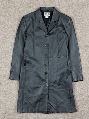 Vintage Clio Black Genuine Leather Mid Length Button Front Coat Women’s 14 XL